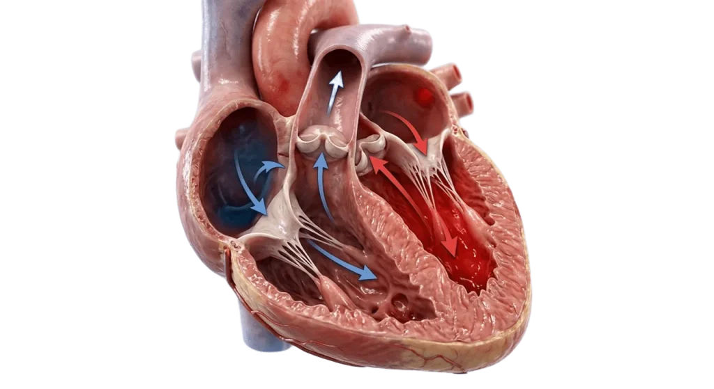 Gambar 3D anatomi jantung manusia yang sangat detail dan realistis dengan potongan melintang. Gambar ini memperlihatkan struktur bagian dalam jantung, termasuk atrium, ventrikel, dan katup-katupnya. Terdapat panah penunjuk arah berwarna biru yang merepresentasikan aliran darah minim oksigen, dan panah merah yang merepresentasikan aliran darah kaya oksigen, ditampilkan dengan latar belakang ruang klinis berwarna biru muda yang lembut.