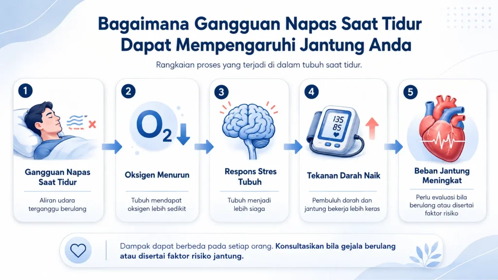 Infografis alur gangguan napas saat tidur terhadap jantung, menampilkan lima tahap yaitu gangguan napas saat tidur, oksigen menurun, respons stres tubuh, tekanan darah naik, dan beban jantung meningkat.