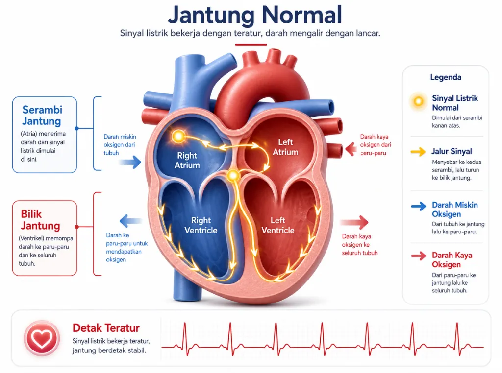 Ilustrasi cara kerja jantung normal dengan empat ruang jantung dan sinyal listrik yang mengatur detak teratur