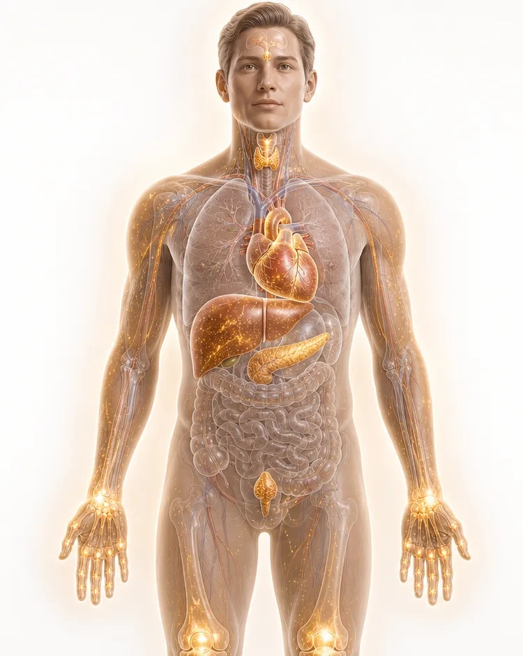 Ilustrasi anatomi tubuh manusia transparan yang menunjukkan hemokromatosis, dengan partikel zat besi berwarna keemasan yang menumpuk pada jantung, hati, pankreas, sendi, kulit, dan kelenjar endokrin.