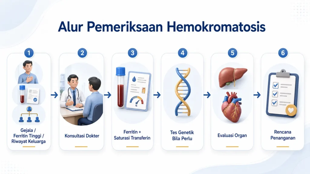 Infografis alur pemeriksaan hemokromatosis yang menampilkan enam tahap, yaitu gejala atau ferritin tinggi atau riwayat keluarga, konsultasi dokter, pemeriksaan ferritin dan saturasi transferin, tes genetik bila perlu, evaluasi organ, dan rencana penanganan.