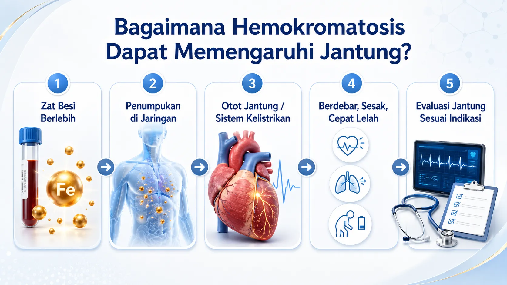 Infografis alur bagaimana hemokromatosis memengaruhi jantung, menampilkan lima tahap yaitu zat besi berlebih, penumpukan di jaringan, dampak pada otot jantung dan sistem kelistrikan, gejala seperti berdebar, sesak, cepat lelah, serta evaluasi jantung sesuai indikasi.