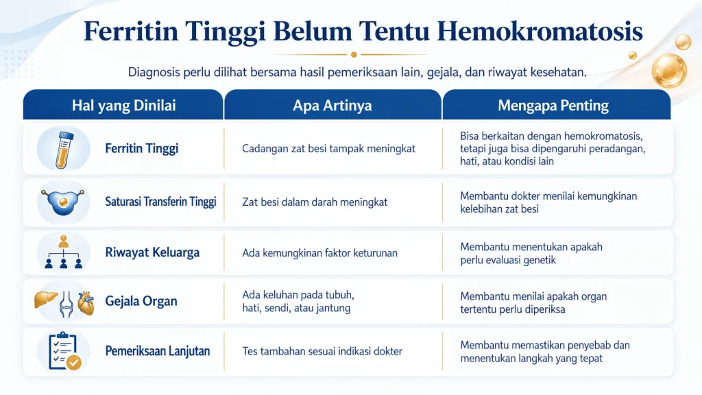 Infografis Ferritin Tinggi Belum Tentu Hemokromatosis yang menampilkan tabel evaluasi ferritin tinggi, saturasi transferin tinggi, riwayat keluarga, gejala organ, dan pemeriksaan lanjutan untuk menilai kemungkinan kelebihan zat besi. 