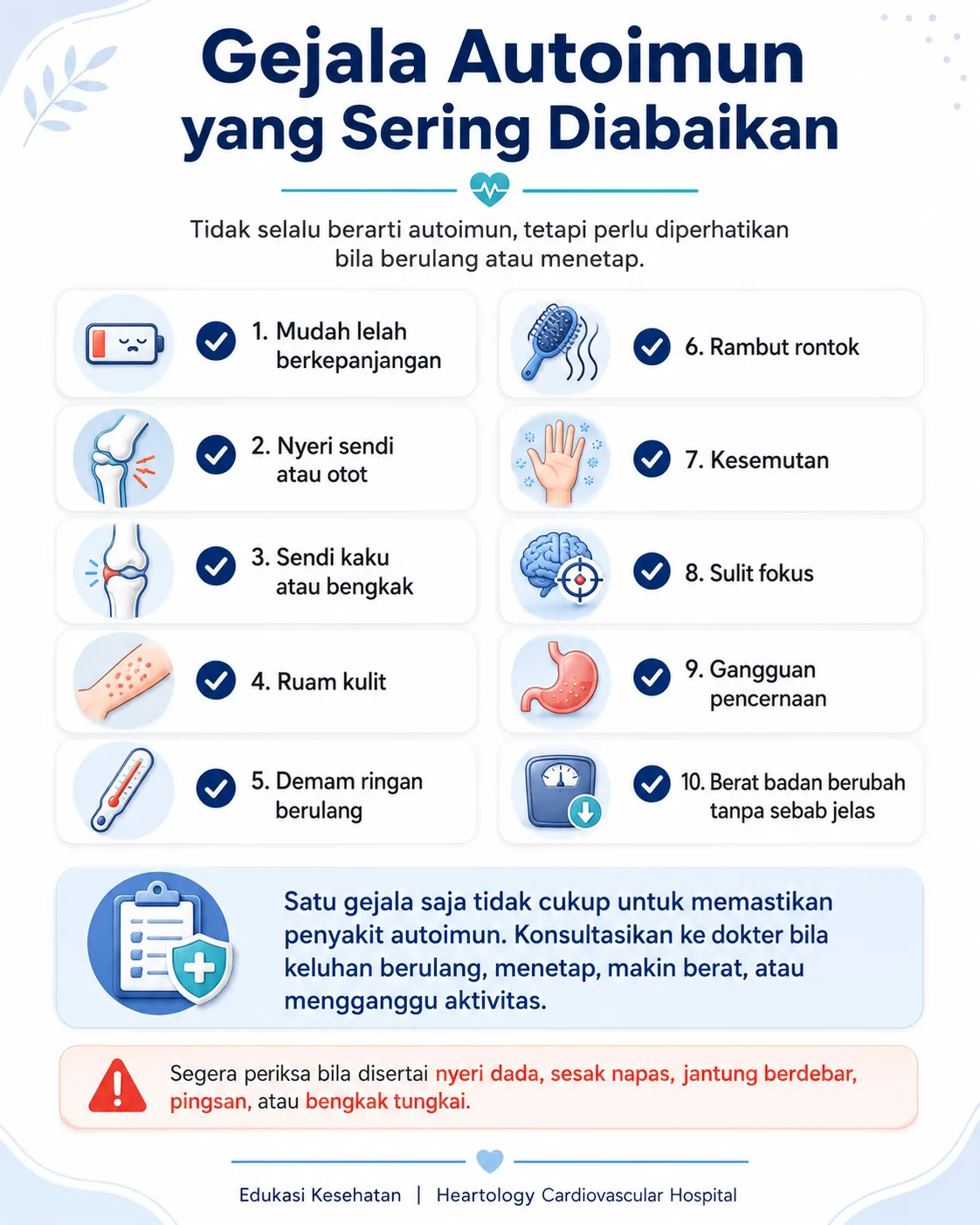 Infografis medis berbahasa Indonesia tentang gejala autoimun yang sering diabaikan, menampilkan checklist gejala seperti mudah lelah berkepanjangan, nyeri sendi atau otot, sendi kaku atau bengkak, ruam kulit, demam ringan berulang, rambut rontok, kesemutan, sulit fokus, gangguan pencernaan, dan perubahan berat badan tanpa sebab jelas.
