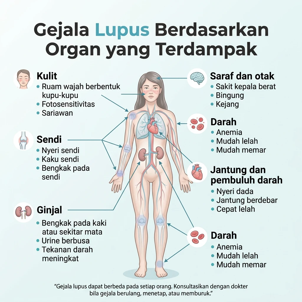 Infografis gejala lupus berdasarkan organ yang terdampak, mencakup ruam kulit, nyeri sendi, gangguan ginjal, sesak napas, nyeri dada, anemia, sakit kepala, dan kejang.