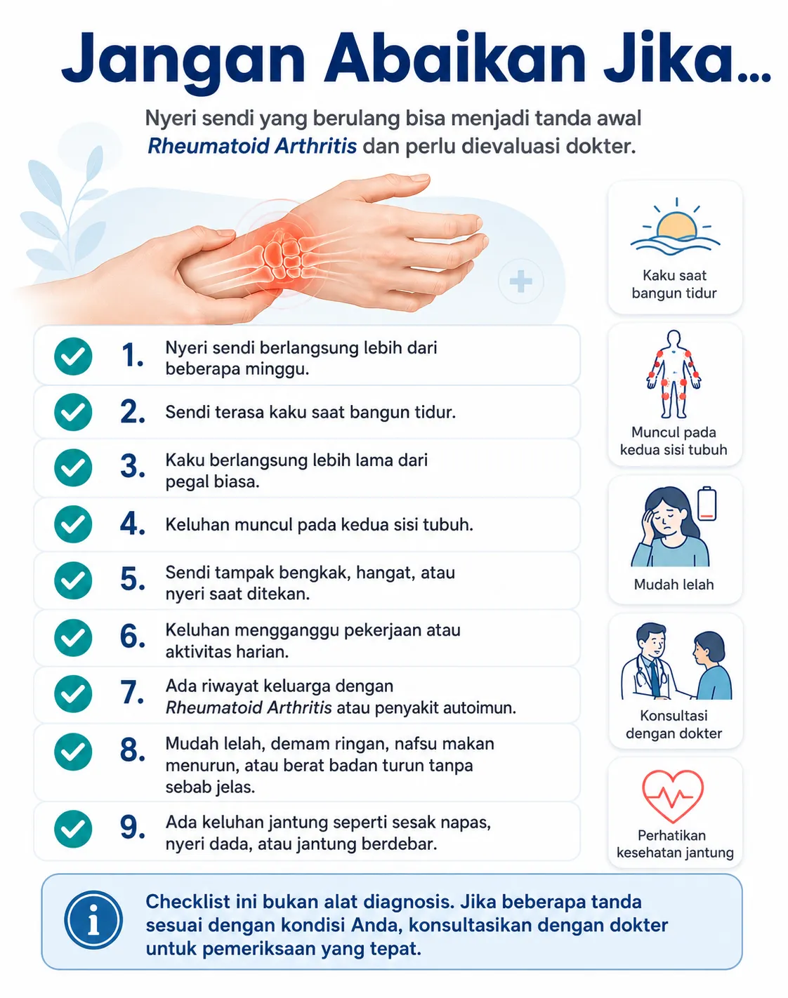 Infografis medis berbahasa Indonesia berjudul “Jangan Abaikan Jika…” yang menjelaskan tanda awal Rheumatoid Arthritis, seperti nyeri sendi lebih dari beberapa minggu, kaku saat bangun tidur, bengkak sendi, keluhan simetris, mudah lelah, riwayat keluarga autoimun, dan gejala jantung.