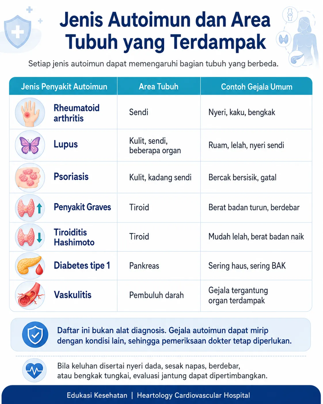 Infografis tabel jenis autoimun dan area tubuh yang terdampak, menampilkan rheumatoid arthritis pada sendi, lupus pada kulit dan organ, psoriasis pada kulit, penyakit Graves dan Hashimoto pada tiroid, diabetes tipe 1 pada pankreas, serta vaskulitis pada pembuluh darah.