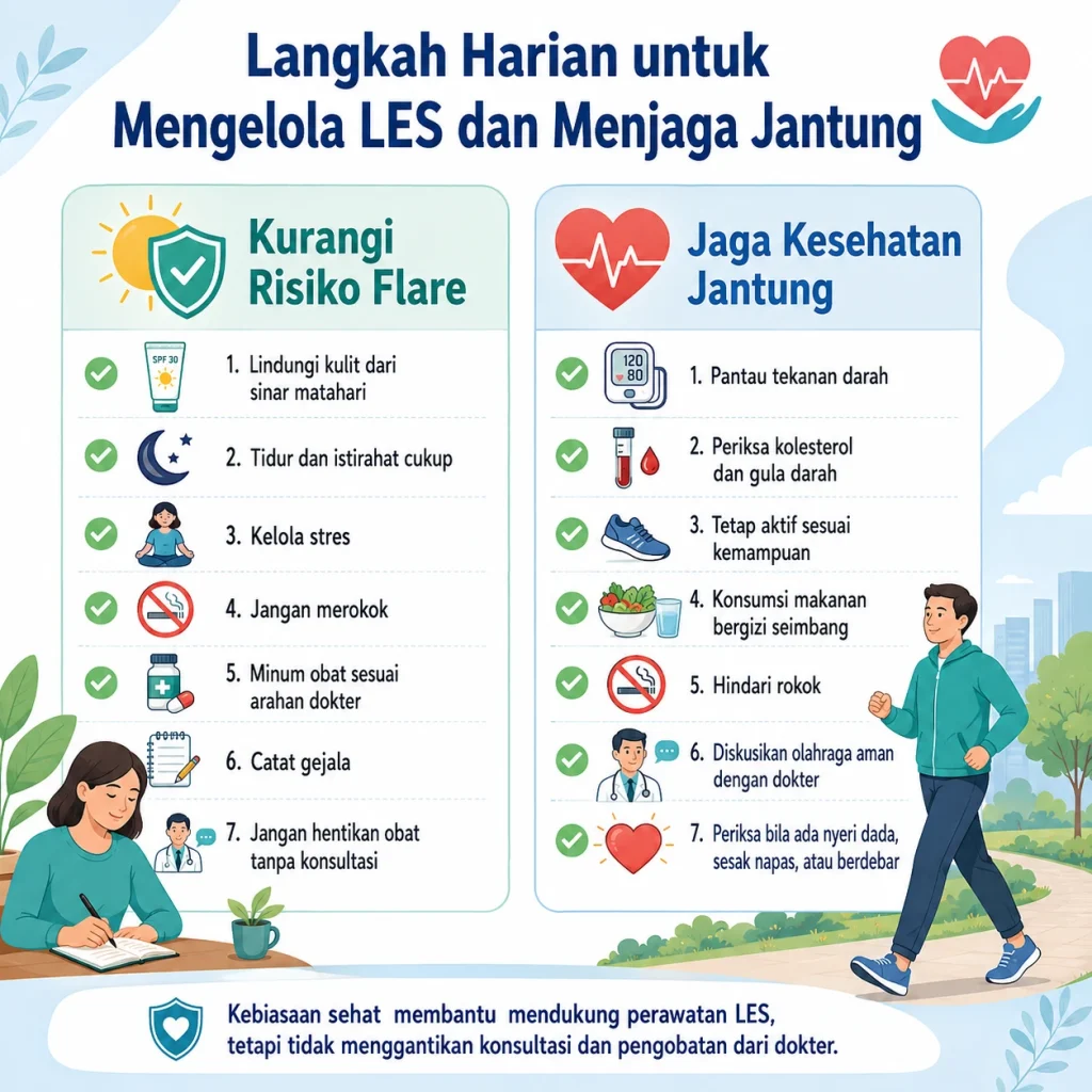 Infografis medis tentang langkah harian untuk membantu mengelola Lupus Eritematosus Sistemik (LES) dan menjaga kesehatan jantung, mulai dari mengurangi risiko flare hingga menerapkan kebiasaan hidup sehat untuk jantung.