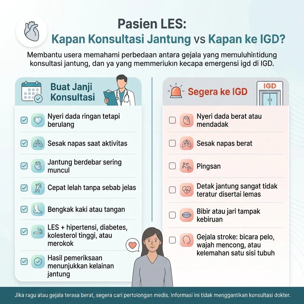 Infografis pasien LES tentang kapan perlu konsultasi jantung dan kapan harus segera ke IGD, mencakup nyeri dada berulang, sesak napas, jantung berdebar, bengkak kaki atau tangan, pingsan, kebiruan, dan gejala stroke.