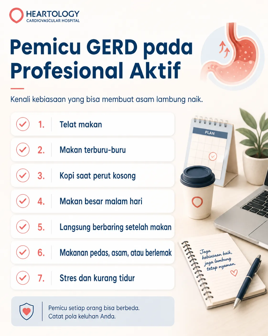 Infografis medis Heartology berjudul Pemicu GERD pada Profesional Aktif yang menampilkan daftar kebiasaan pemicu asam lambung naik, seperti telat makan, makan terburu-buru, kopi saat perut kosong, makan malam berlebihan, langsung berbaring setelah makan, makanan pedas, asam, berlemak, serta stres dan kurang tidur. 