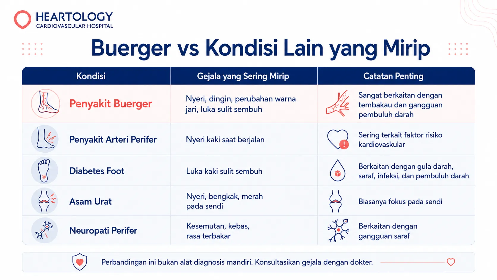 Infografis medis berbahasa Indonesia dari Heartology Cardiovascular Hospital berjudul “Buerger vs Kondisi Lain yang Mirip”, berisi perbandingan Penyakit Buerger, penyakit arteri perifer, diabetes foot, asam urat, dan neuropati perifer berdasarkan gejala yang sering mirip serta catatan penting.