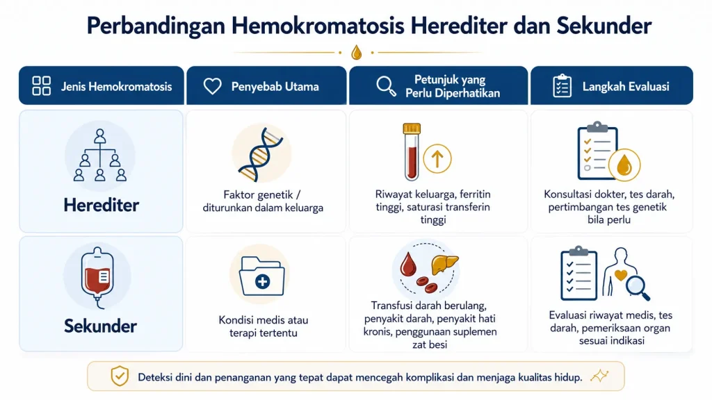 Infografis tabel perbandingan hemokromatosis herediter dan sekunder, mencakup faktor genetik, kondisi medis atau terapi tertentu, riwayat keluarga, ferritin tinggi, saturasi transferin tinggi, transfusi darah berulang, dan langkah evaluasi dokter.