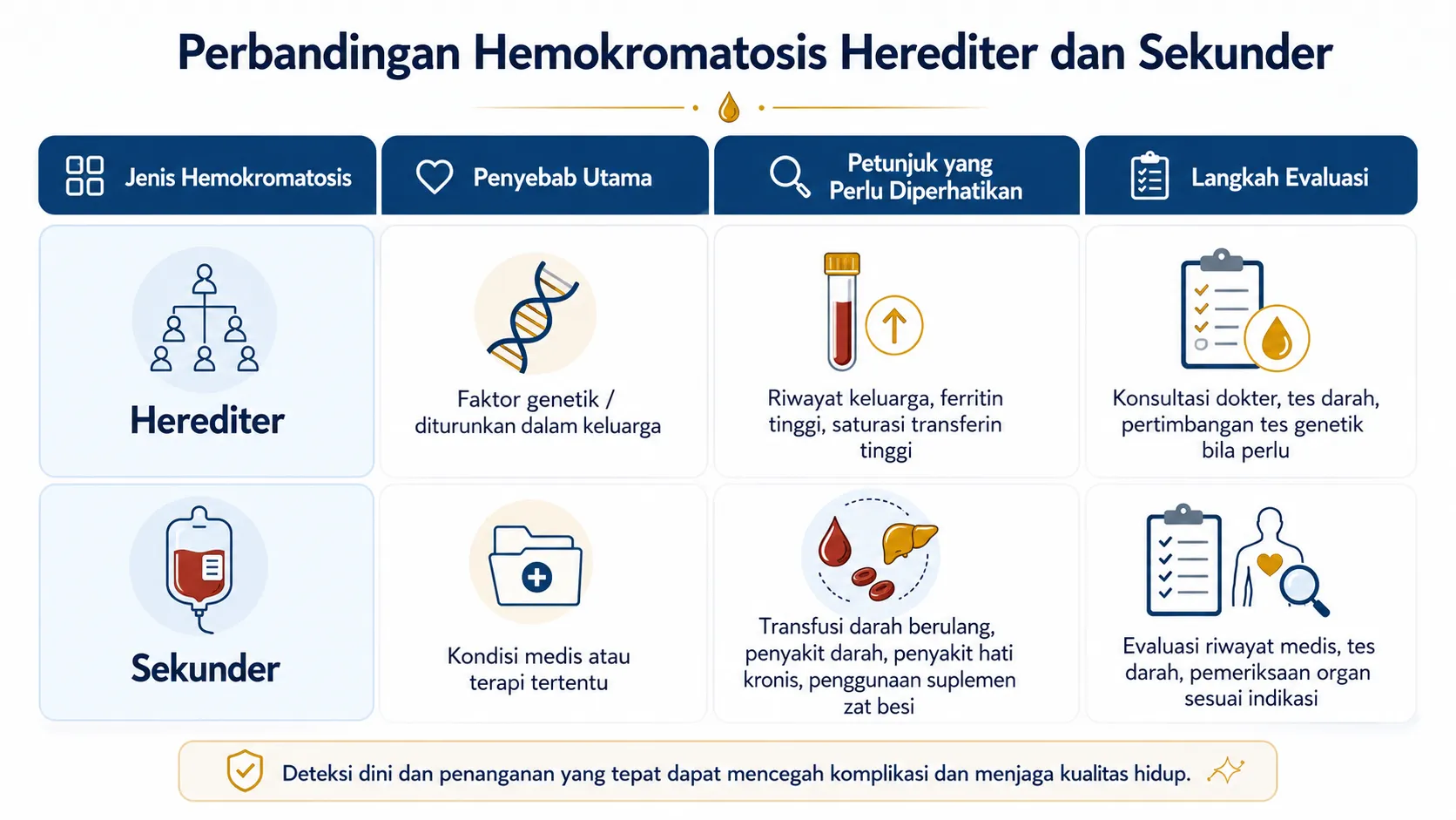 Infografis tabel perbandingan hemokromatosis herediter dan sekunder, mencakup faktor genetik, kondisi medis atau terapi tertentu, riwayat keluarga, ferritin tinggi, saturasi transferin tinggi, transfusi darah berulang, dan langkah evaluasi dokter.