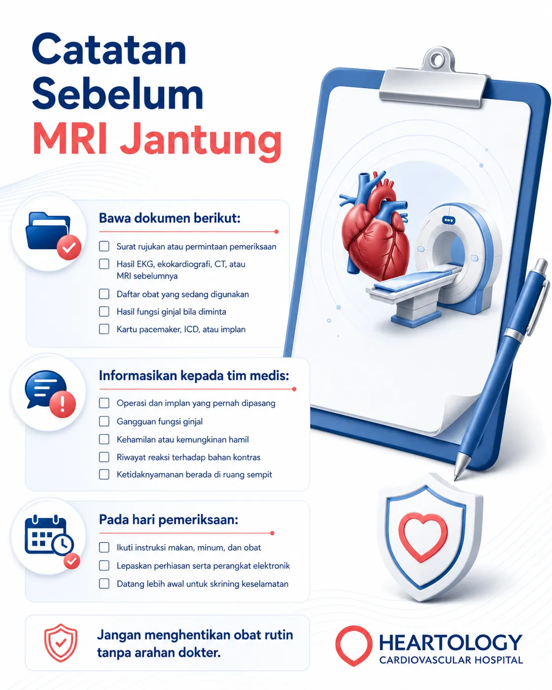 Infografik persiapan sebelum MRI jantung yang menjelaskan dokumen yang harus dibawa, informasi penting untuk tim medis, dan langkah yang perlu dilakukan pada hari pemeriksaan.