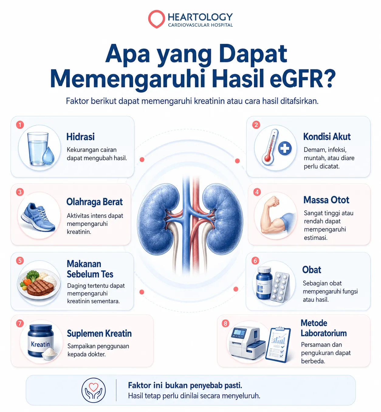 Infografik tentang faktor yang dapat memengaruhi hasil eGFR, meliputi hidrasi, kondisi akut, olahraga berat, massa otot, makanan sebelum tes, obat, suplemen kreatin, dan metode laboratorium. 