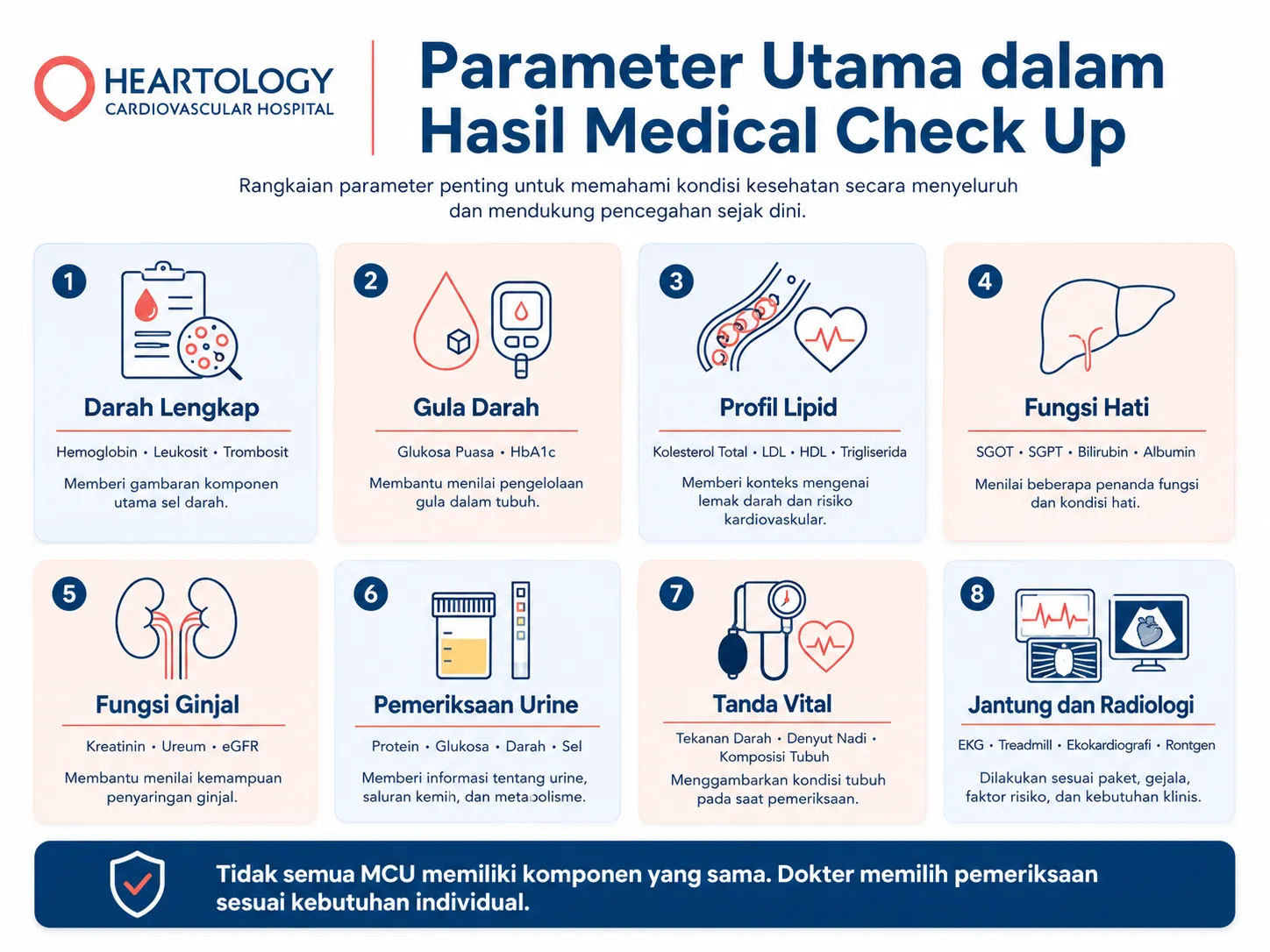 Infografik parameter utama dalam hasil medical check up, meliputi darah lengkap, gula darah, profil lipid, fungsi hati, fungsi ginjal, pemeriksaan urine, tanda vital, serta jantung dan radiologi.