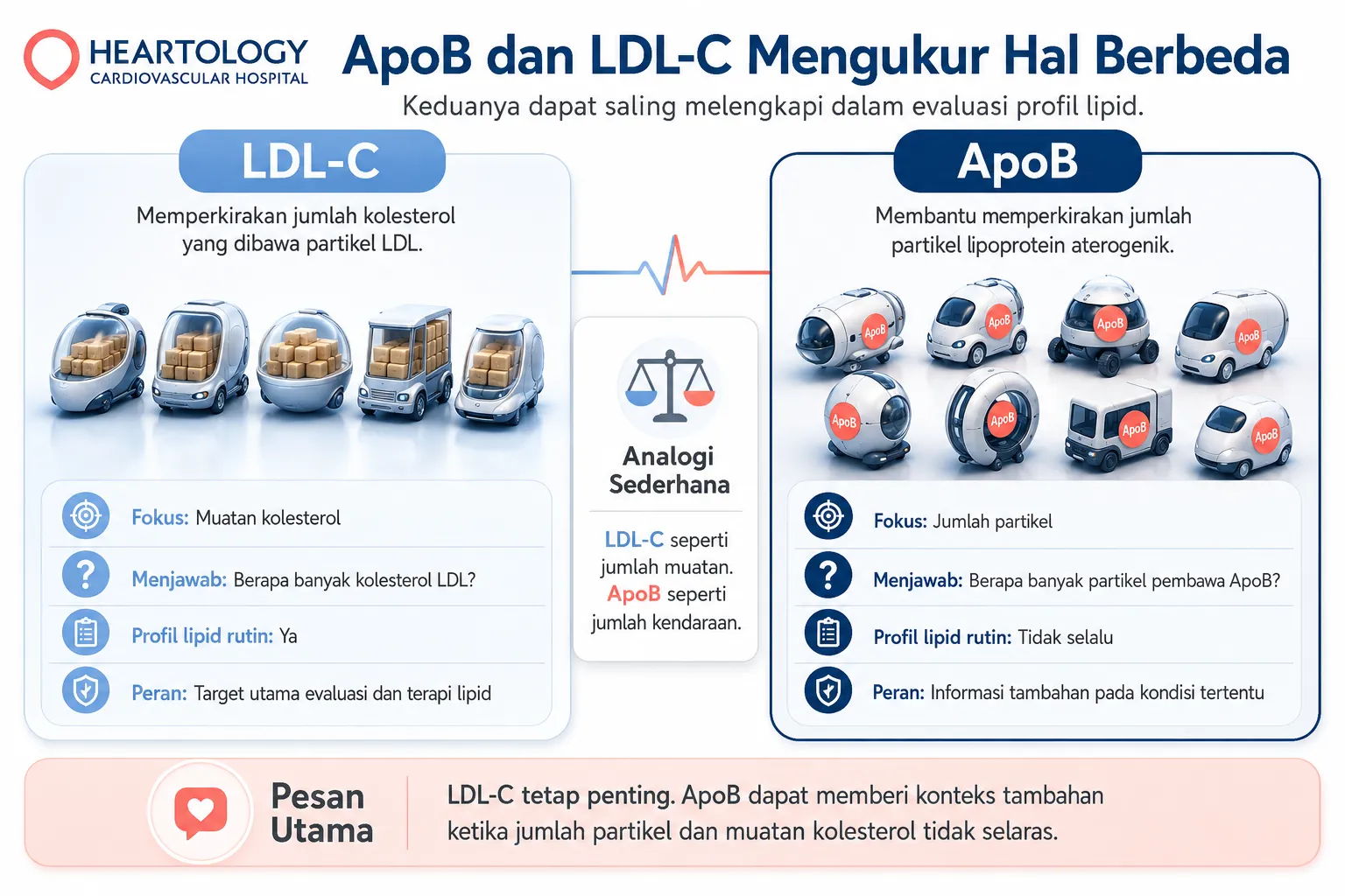 Infografik Heartology tentang perbedaan ApoB dan LDL-C, dengan analogi LDL-C sebagai jumlah muatan kolesterol dan ApoB sebagai jumlah kendaraan atau partikel pembawa lipid.