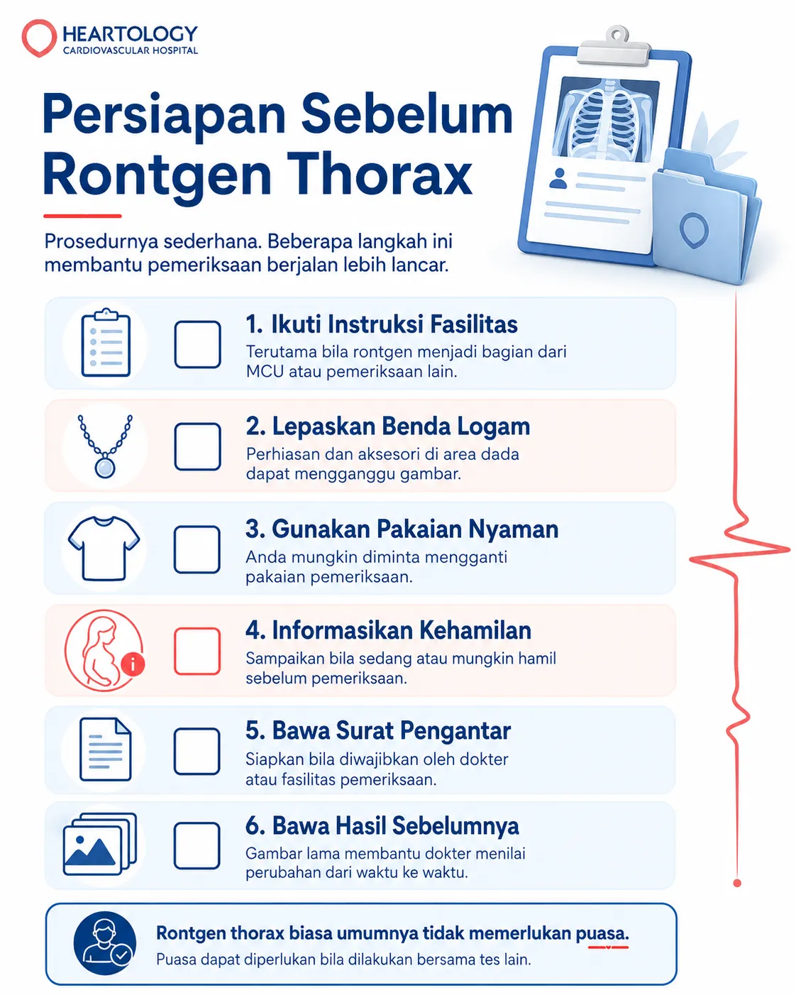 Infografik persiapan sebelum rontgen thorax, meliputi instruksi fasilitas, melepas benda logam, pakaian nyaman, informasi kehamilan, surat pengantar, dan hasil pemeriksaan sebelumnya.