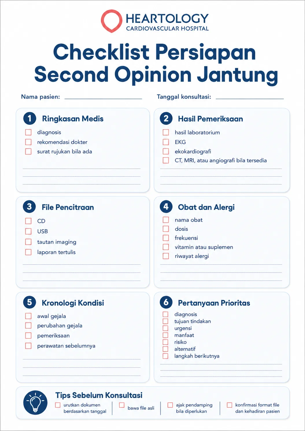 Infografik checklist persiapan second opinion jantung yang menampilkan daftar dokumen dan informasi penting sebelum konsultasi, termasuk ringkasan medis, hasil pemeriksaan, file pencitraan, obat dan alergi, kronologi gejala, dan pertanyaan prioritas. 
