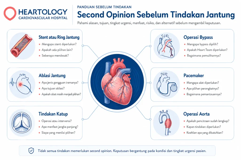 Infografik Heartology berjudul “Second Opinion Sebelum Tindakan Jantung” dengan ilustrasi jantung di tengah dan enam modul keputusan seputar stent atau ring jantung, operasi bypass, ablasi jantung, pacemaker, tindakan katup, dan operasi aorta.