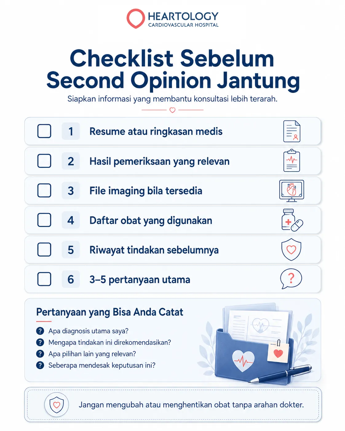 Infografik Heartology berjudul “Checklist Sebelum Second Opinion Jantung” yang merangkum dokumen dan informasi penting sebelum konsultasi, termasuk resume medis, hasil pemeriksaan, file imaging, daftar obat, riwayat tindakan sebelumnya, serta 3–5 pertanyaan utama untuk dokter.