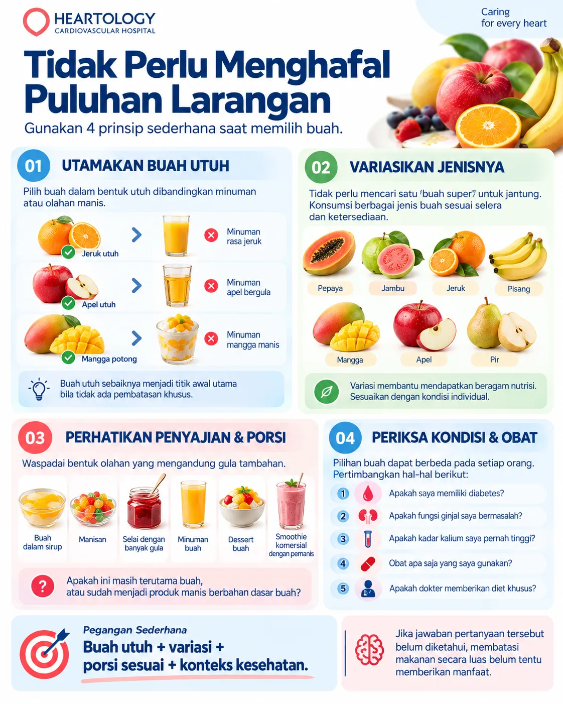 Infografik Heartology tentang cara memilih buah untuk penderita jantung dalam 4 langkah, meliputi memilih buah utuh, variasi jenis buah, memperhatikan penyajian dan porsi, serta mempertimbangkan diabetes, fungsi ginjal, kadar kalium, dan obat.