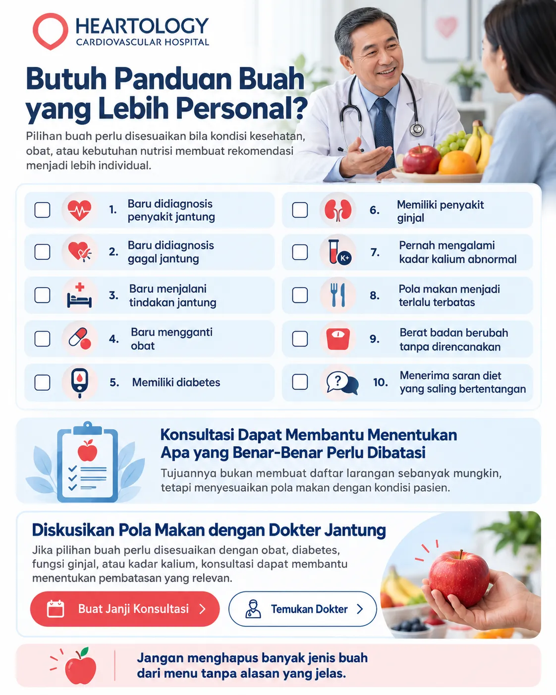 Infografik Heartology tentang kapan pilihan buah perlu dibahas dengan dokter atau ahli gizi pada pasien penyakit jantung, termasuk kondisi seperti gagal jantung, diabetes, gangguan ginjal, perubahan obat, kadar kalium abnormal, dan pola makan yang terlalu terbatas.
