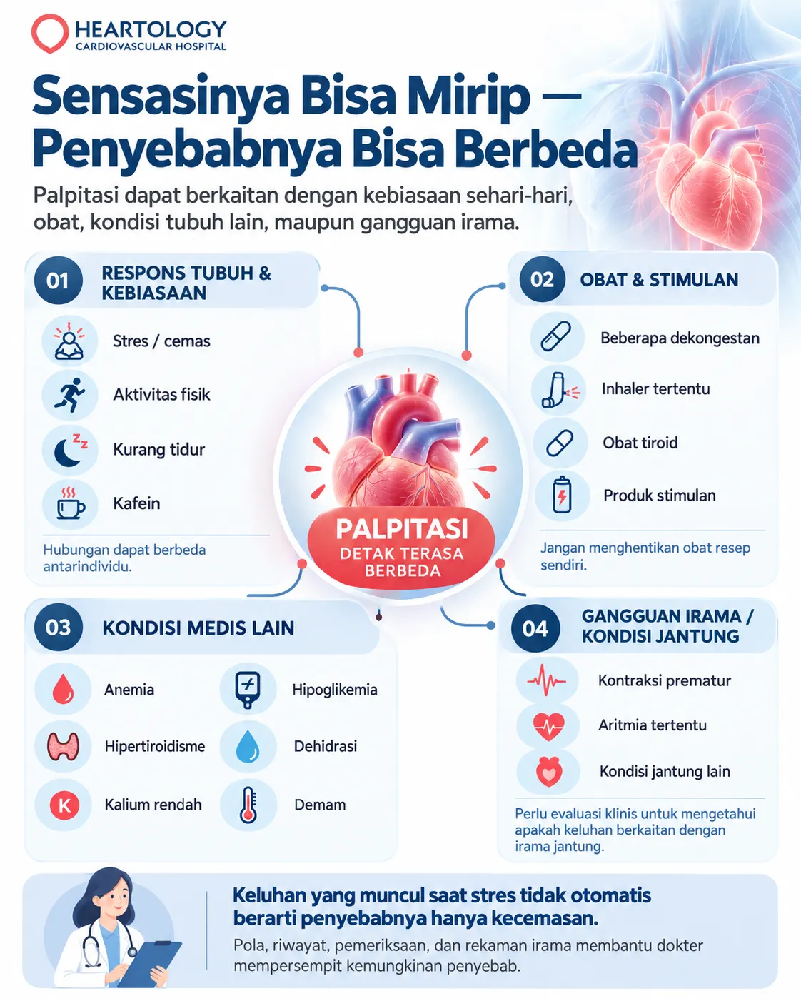Infografik Heartology yang menjelaskan bahwa sensasi jantung berdebar atau palpitasi dapat memiliki berbagai penyebab, termasuk stres, aktivitas fisik, kurang tidur, kafein, obat tertentu, anemia, hipertiroidisme, hipoglikemia, dehidrasi, kalium rendah, demam, kontraksi prematur, dan aritmia. 