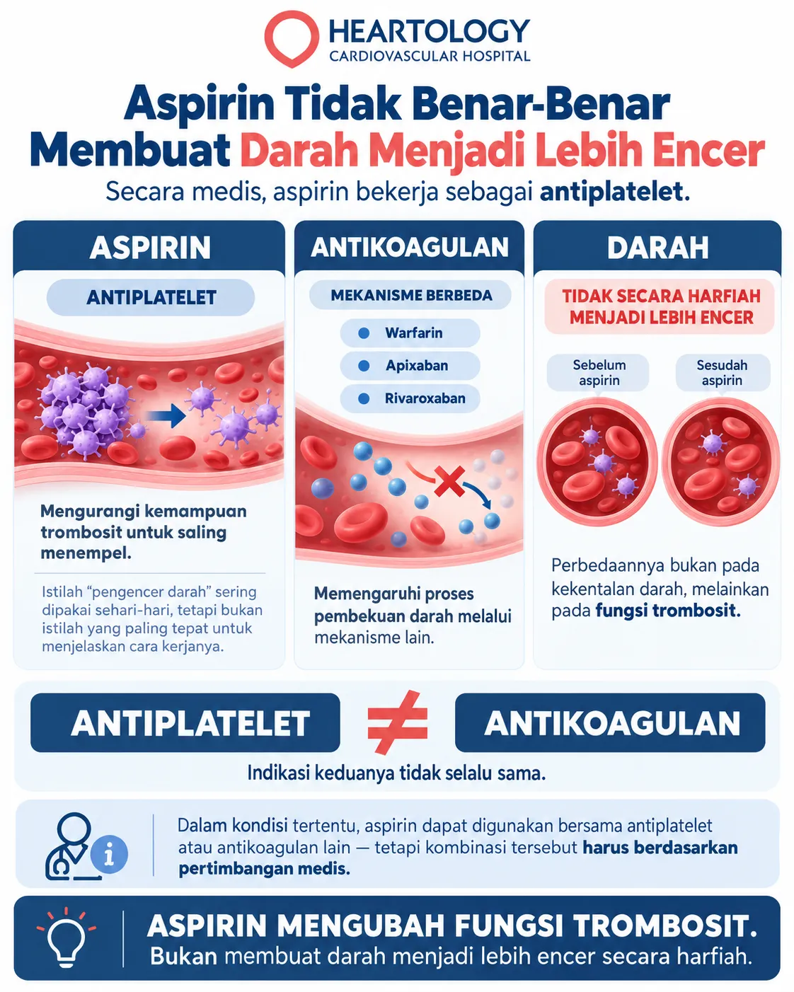 Infografis Heartology tentang perbedaan aspirin sebagai antiplatelet dan antikoagulan, serta penjelasan bahwa aspirin tidak mengencerkan darah secara harfiah. 