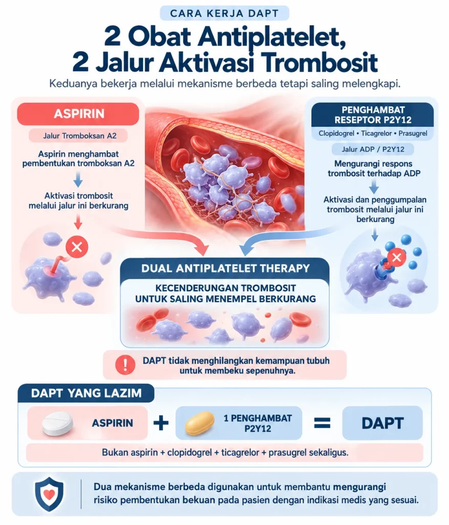 Infografis mekanisme DAPT yang menunjukkan aspirin dan satu penghambat reseptor P2Y12 bekerja melalui jalur trombosit berbeda untuk mengurangi kecenderungan trombosit saling menempel. 