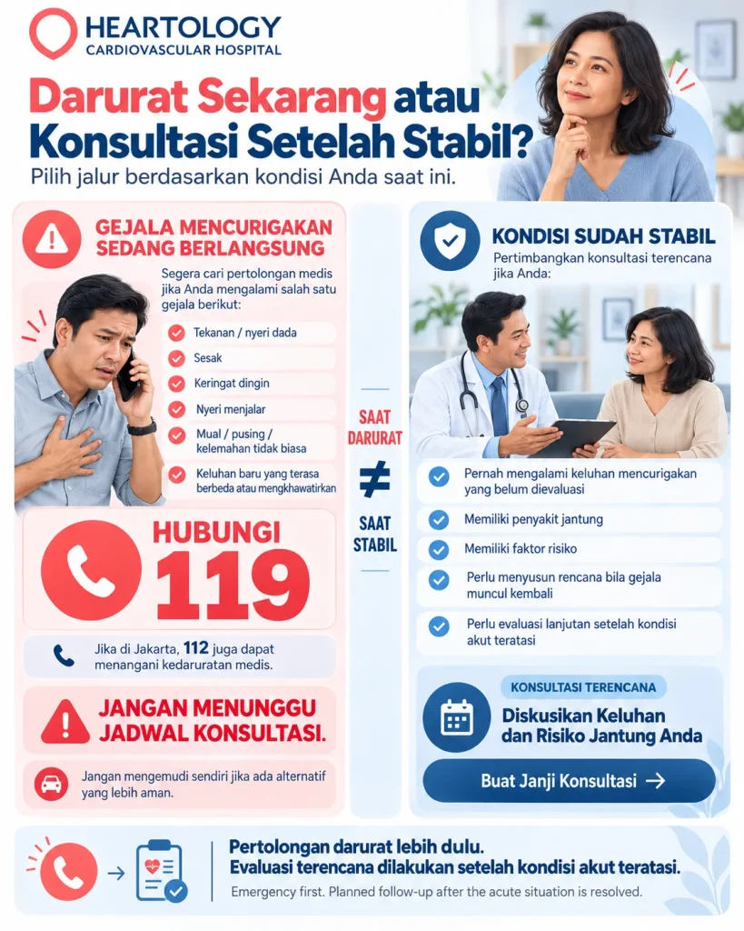 Infografis Heartology tentang perbedaan tindakan saat gejala jantung mencurigakan sedang berlangsung dan konsultasi setelah stabil, dengan anjuran menghubungi 119 saat darurat.