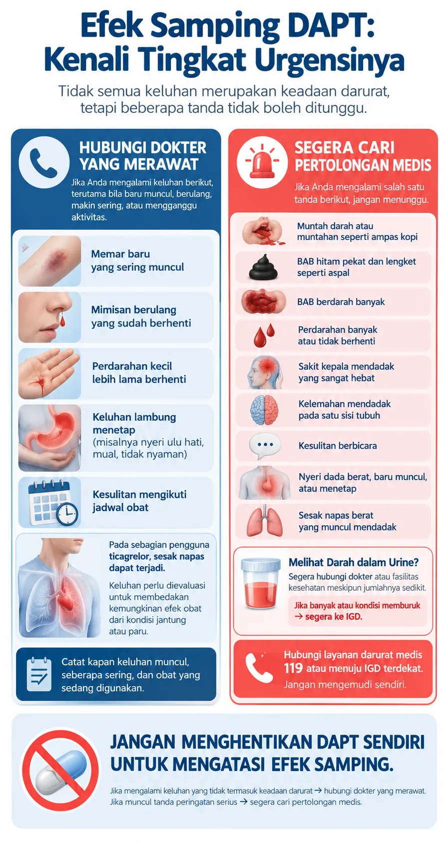 Infografis Heartology tentang efek samping DAPT, termasuk memar, mimisan, perdarahan, sesak napas, gejala stroke, serta kapan menghubungi dokter atau segera mencari pertolongan medis.