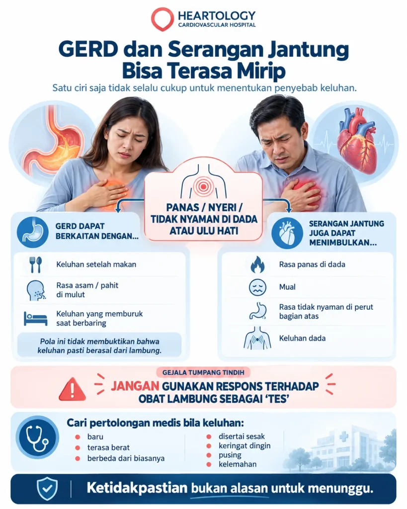 Infografik Heartology tentang perbedaan GERD dan serangan jantung, menampilkan gejala yang dapat tumpang tindih seperti rasa panas di dada, mual, nyeri atau tidak nyaman di ulu hati, serta anjuran untuk tidak menggunakan respons terhadap obat lambung sebagai tes dan segera mencari pertolongan medis bila gejala mencurigakan.