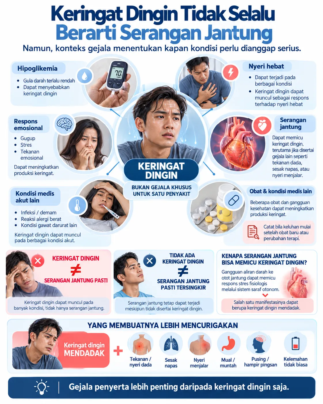 Infografis Heartology tentang keringat dingin yang dapat terjadi pada berbagai kondisi, termasuk hipoglikemia, stres, nyeri hebat, kondisi medis akut, obat, dan serangan jantung, serta tanda penyerta yang perlu diwaspadai.