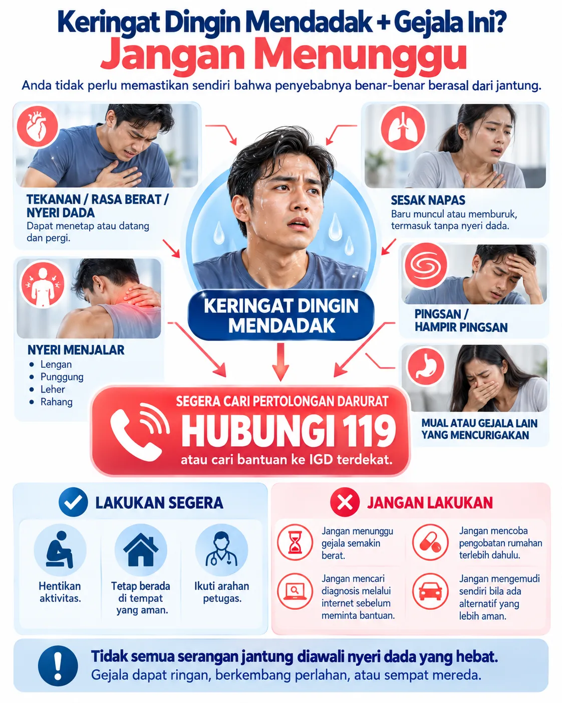 Infografis Heartology tentang keringat dingin mendadak dengan nyeri dada, sesak, nyeri menjalar, hampir pingsan, atau mual yang memerlukan pertolongan medis segera dan menghubungi 119.