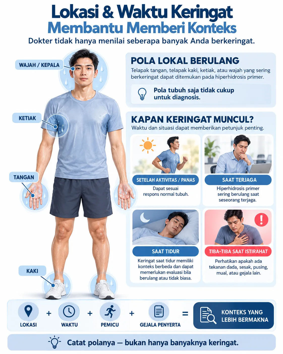 Infografis Heartology tentang lokasi dan waktu keringat, termasuk tangan, kaki, ketiak, wajah, keringat saat aktivitas, saat terjaga, saat tidur, dan saat muncul mendadak ketika beristirahat.
