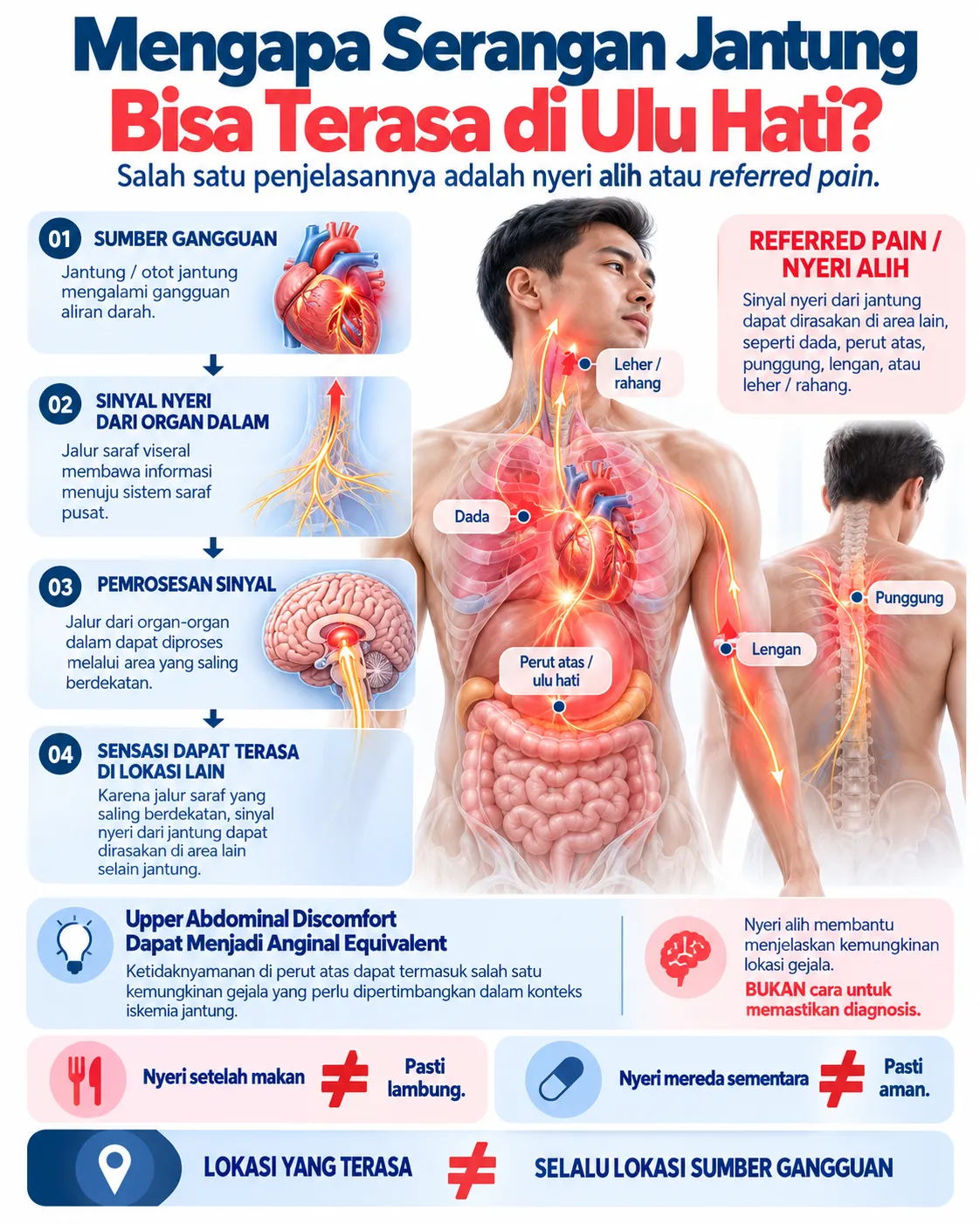 Infografis Heartology tentang nyeri alih dari jantung yang dapat dirasakan di ulu hati, dada, punggung, lengan, leher, atau rahang akibat pemrosesan sinyal nyeri melalui sistem saraf.