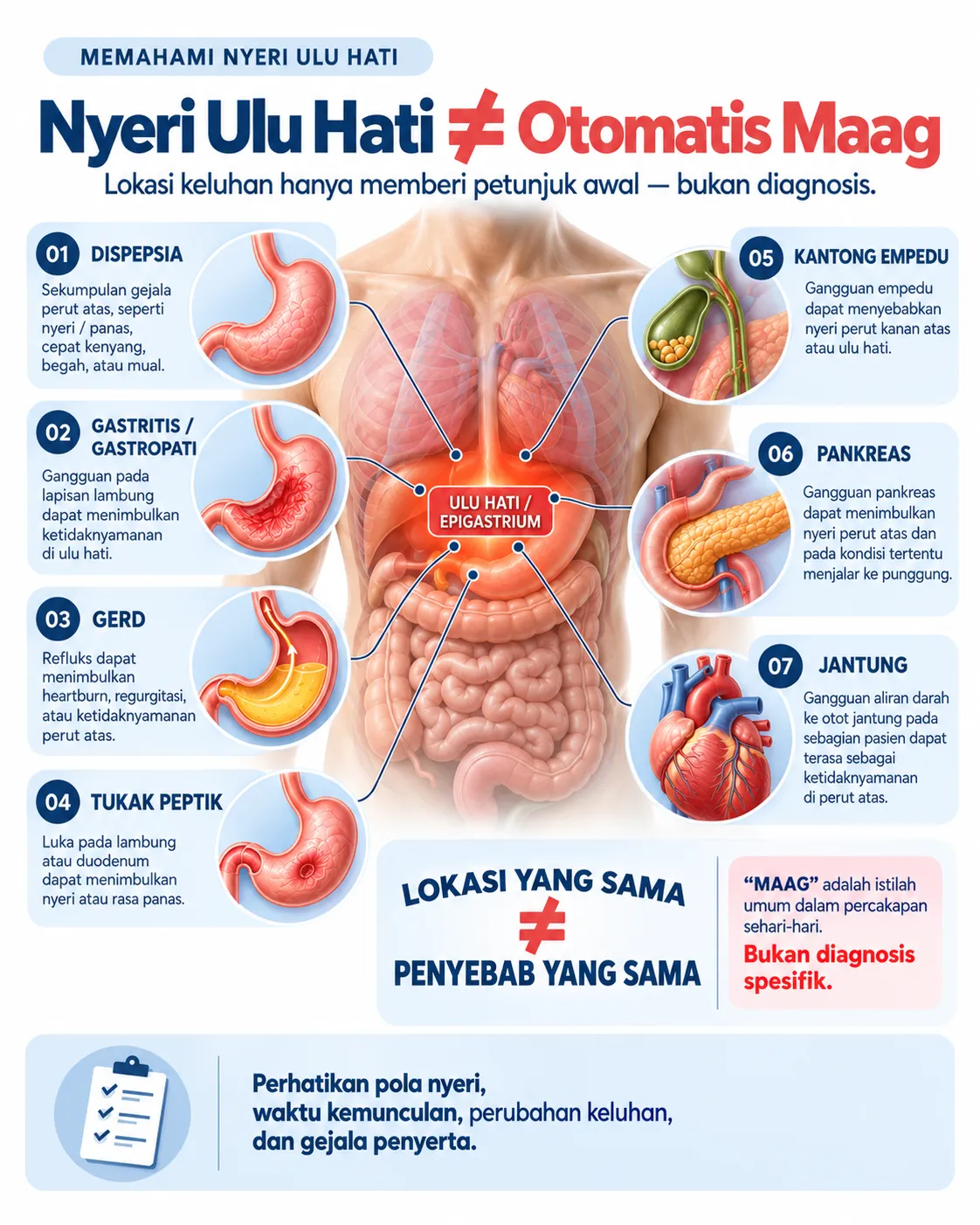 Infografis Heartology tentang penyebab nyeri ulu hati, termasuk dispepsia, gastritis, GERD, tukak peptik, gangguan kantong empedu, pankreas, dan kondisi jantung, dengan penekanan bahwa nyeri ulu hati tidak otomatis berarti maag.