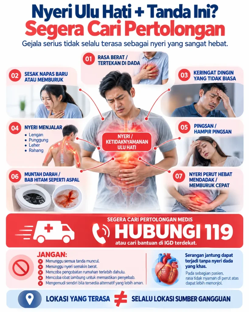 Infografis Heartology mengenai nyeri ulu hati dengan tanda bahaya, termasuk tekanan dada, sesak napas, keringat dingin, nyeri menjalar, hampir pingsan, muntah darah, BAB hitam, dan nyeri perut hebat, dengan anjuran menghubungi 119 atau mencari pertolongan di IGD.
