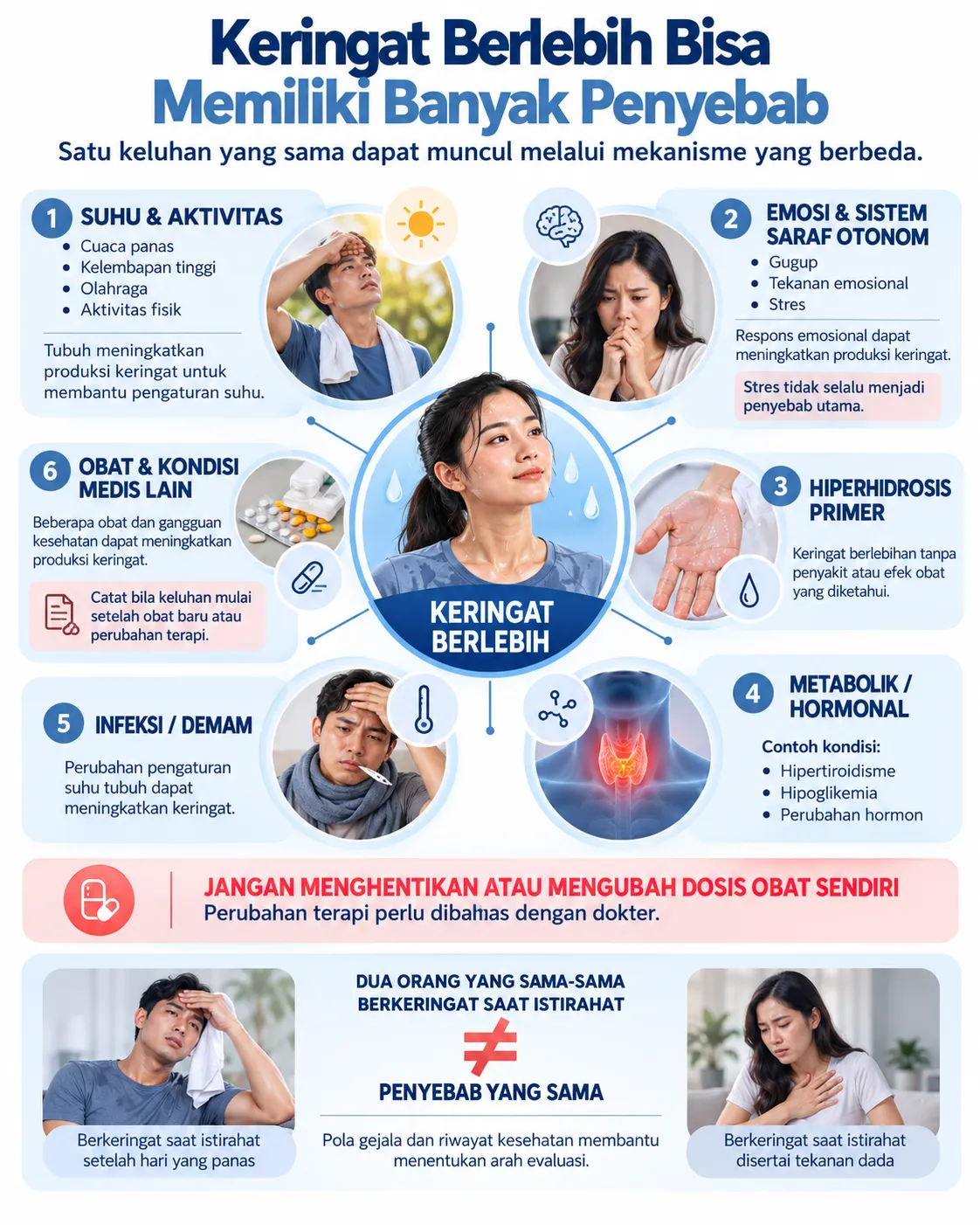 Infografis Heartology tentang berbagai penyebab keringat berlebih, termasuk aktivitas, stres, hiperhidrosis primer, hipertiroidisme, hipoglikemia, infeksi, serta efek obat dan kondisi medis lainnya.
