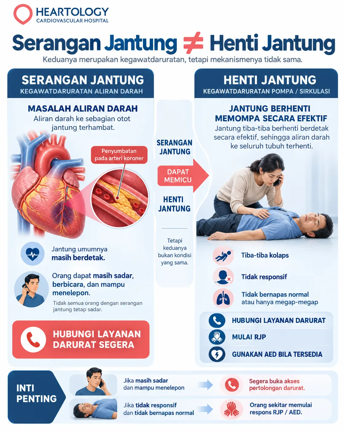 Infografik Heartology tentang perbedaan serangan jantung dan henti jantung, termasuk gangguan aliran darah pada serangan jantung, tanda henti jantung seperti tidak responsif dan tidak bernapas normal, serta tindakan darurat berupa menghubungi layanan darurat, RJP, dan AED bila tersedia.