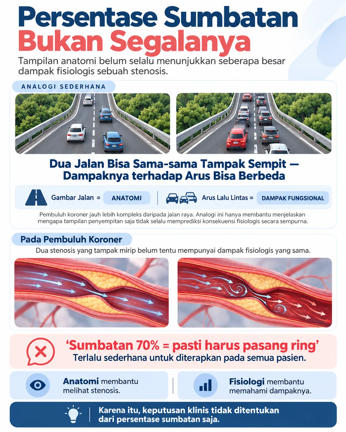 Infografik Heartology tentang FFR jantung yang menjelaskan bahwa persentase sumbatan bukan segalanya, menggunakan analogi dua jalan sempit dengan arus lalu lintas berbeda dan perbandingan dua stenosis koroner yang tampak mirip tetapi dapat memiliki dampak fisiologis yang berbeda. 