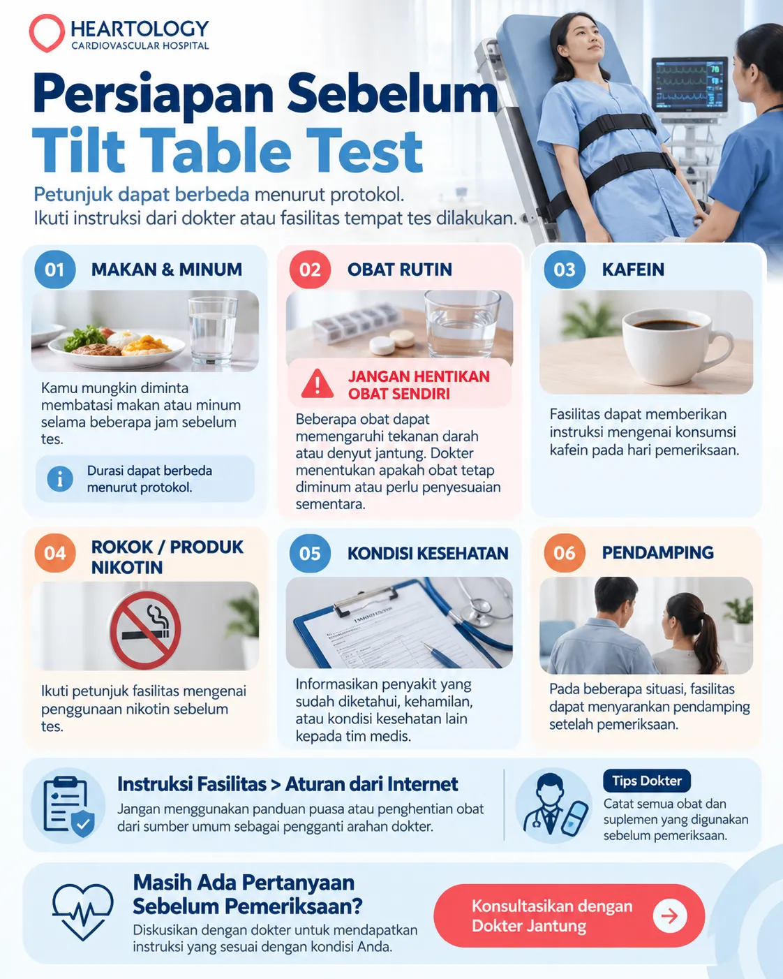 Infografik Heartology yang menjelaskan persiapan sebelum Tilt Table Test, termasuk kemungkinan pembatasan makan dan minum, pengelolaan obat rutin, kafein, nikotin, informasi kondisi kesehatan, dan pendamping, dengan penekanan untuk mengikuti instruksi khusus dari dokter atau fasilitas pemeriksaan. 
