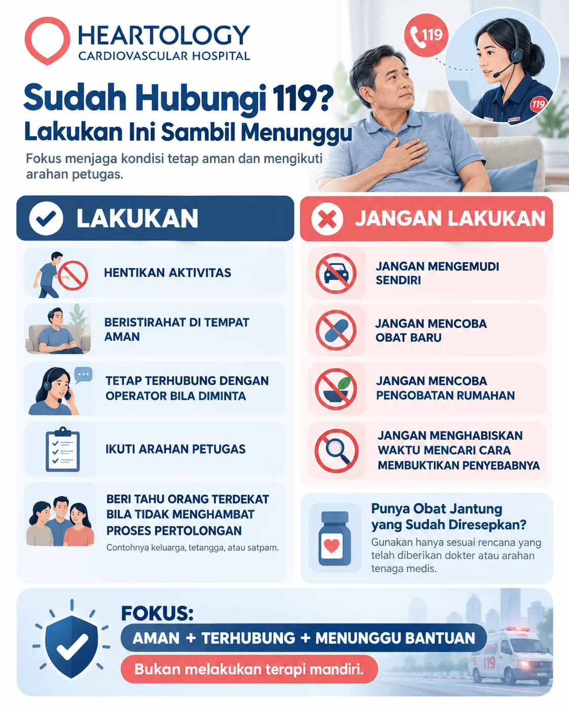 Infografik Heartology tentang langkah aman setelah menghubungi 119 saat mencurigai serangan jantung: hentikan aktivitas, beristirahat di tempat aman, ikuti arahan petugas, jangan mengemudi sendiri, jangan mencoba obat baru atau pengobatan rumahan, dan tunggu bantuan medis.