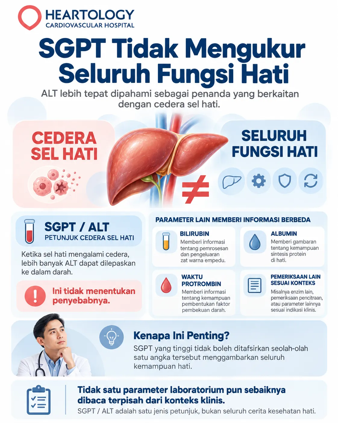 Infografik yang menjelaskan bahwa SGPT atau ALT merupakan penanda cedera sel hati dan tidak mengukur seluruh fungsi hati, serta perlu dinilai bersama bilirubin, albumin, waktu protrombin, pemeriksaan lain, dan konteks klinis. 